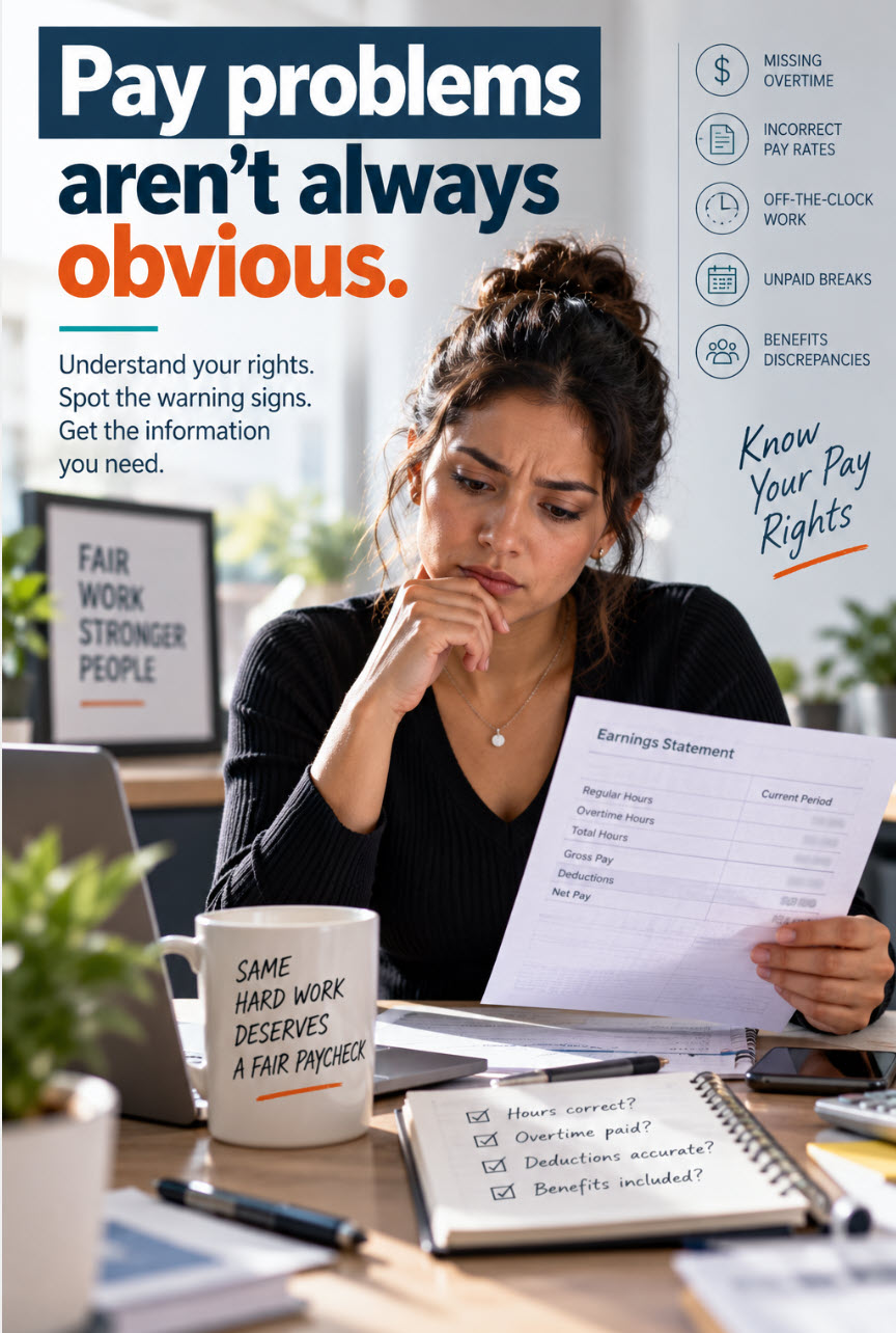 Editorial graphic accompanying Workers Now's Wages, Overtime and Paychecks resources for California employees.