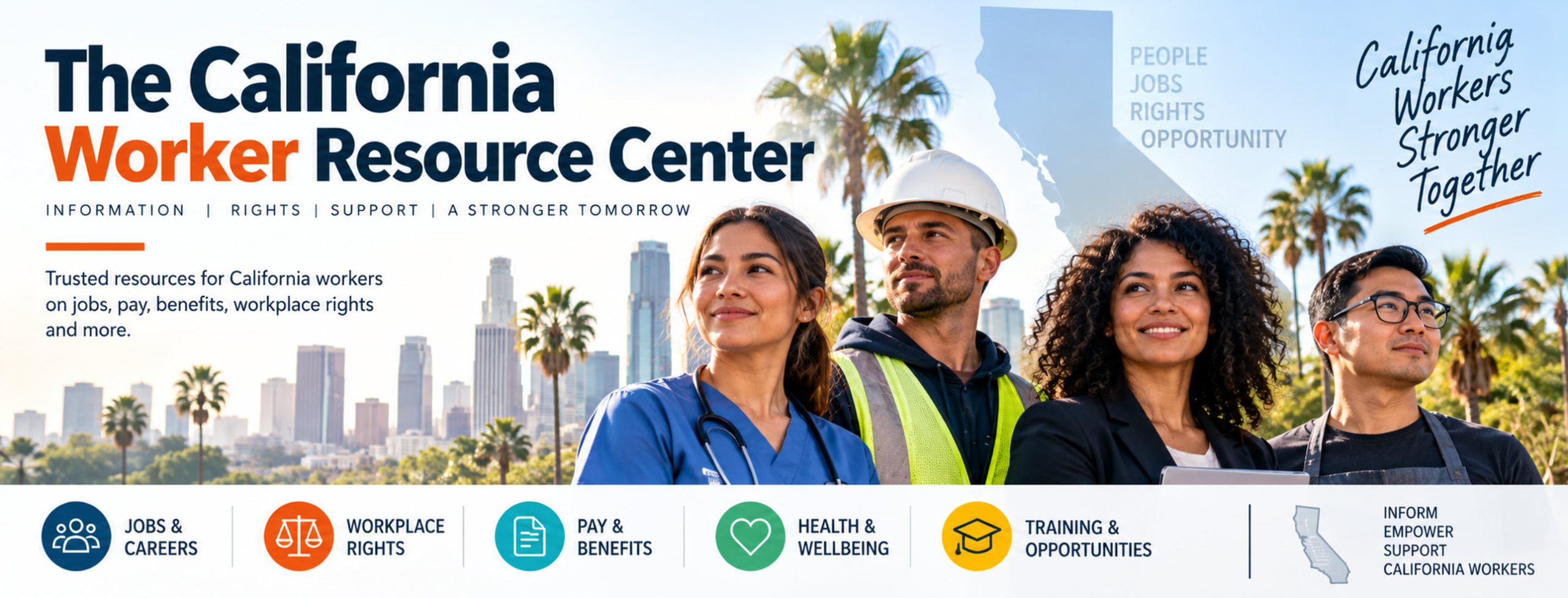 Editorial graphic introducing the California Worker Resource Center, Workers Now's hub of plain-English employment law guides.