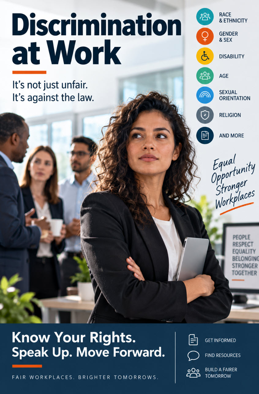 Editorial graphic accompanying Workers Now's Discrimination at Work resources for California employees.